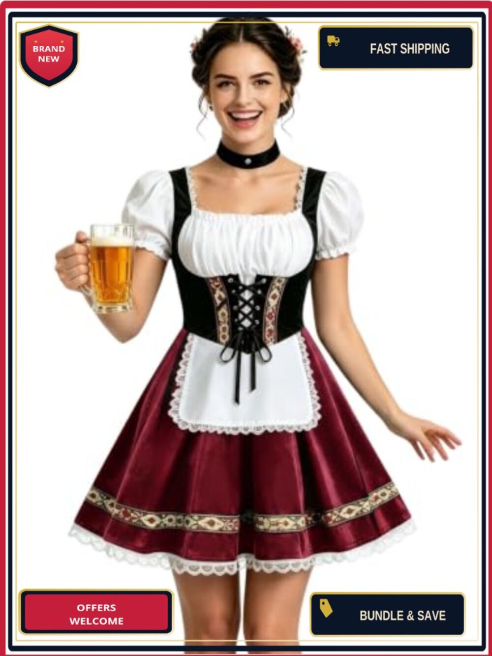 Womens Oktoberfest Costume Bavarian Dirndl Dress Velvet Lace-Up